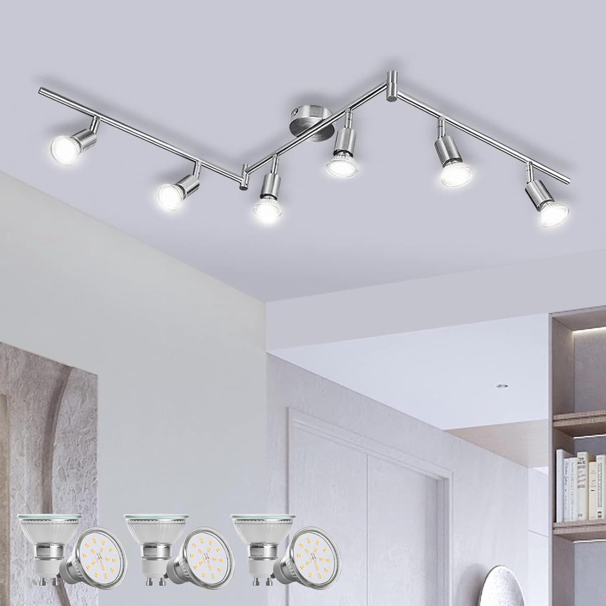 Plafondstrahler 6 Vlamlamp, LED Strahler Schuine Plafondlamp Matt Nikkel, Incl. 6x6W Plafond GU10 Spot, Modern Licht voor Keuken Woonkamer Gang Interieur Plafond Kantoor, Neutraalwit