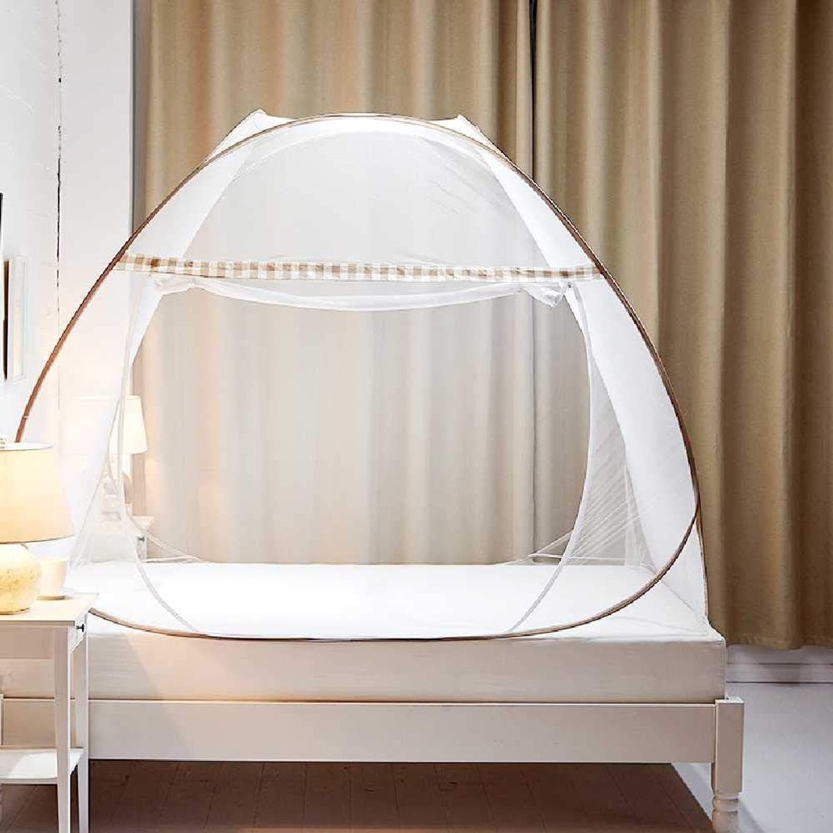 Installatie Van Student-muskietennetten Creatieve Rits Enkele Open Deur Anti-muskietennetten Draagbaar Opvouwbaar Yurt-klamboe Breedte 1.8 Lengte 2.0 Hoogte 1.50m/ lichtbruin