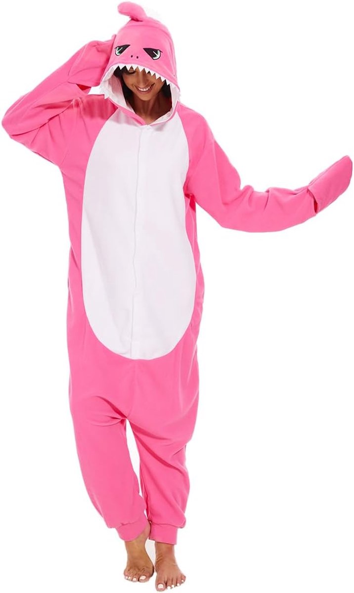 Dieren-haai pyjama unisex volwassenen capuchon mannen vrouwen overall kostuum cosplay nachtkleding, rozerood, M