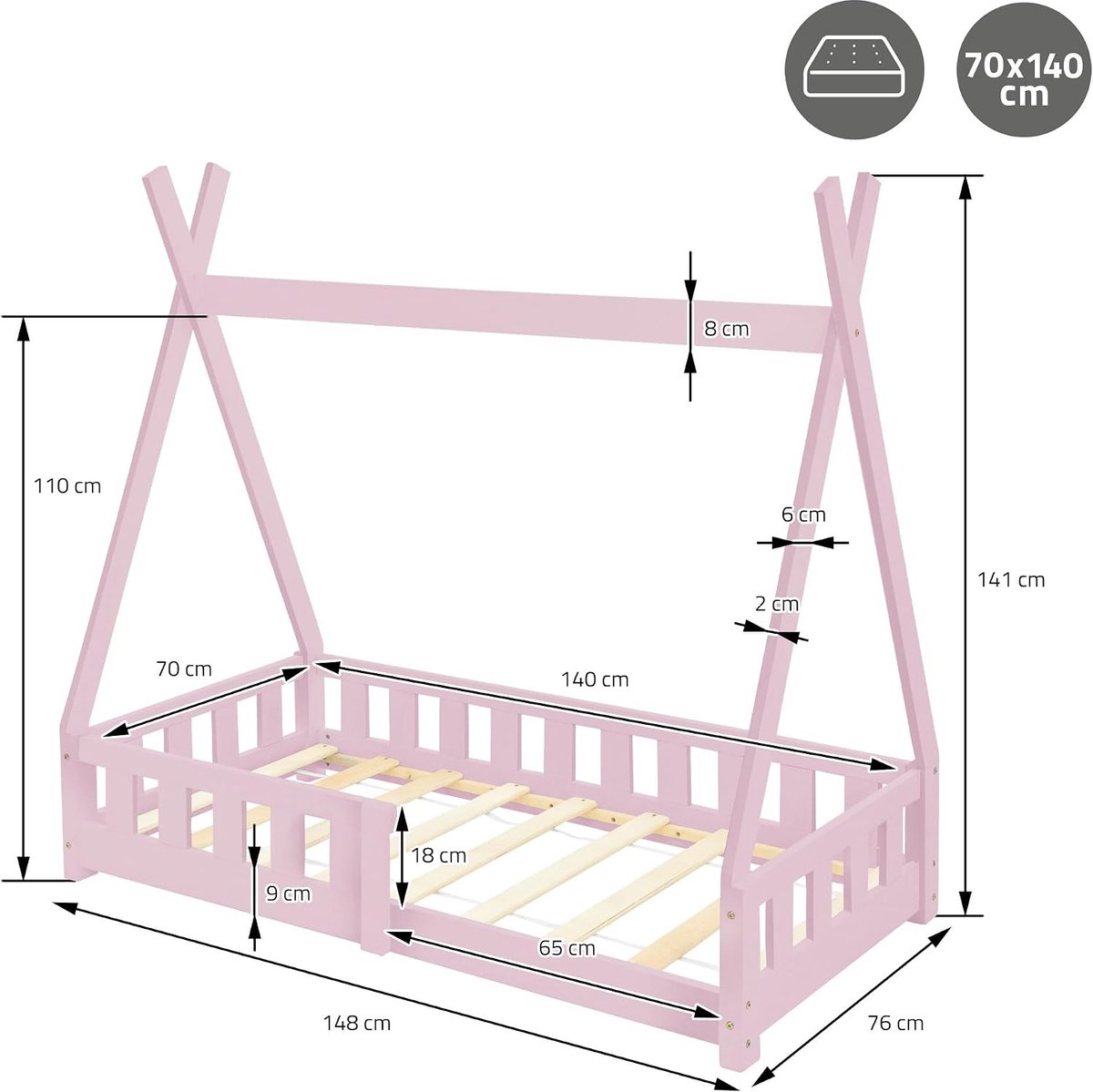 kinderbed tipi 70x140 cm roze met uitvalbeveiliging en lattenbodem, gemaakt van grenen hout, indianenbed van massief hout voor meisjes en jongens, huisbed met hek kinderhuisje jeugdbed