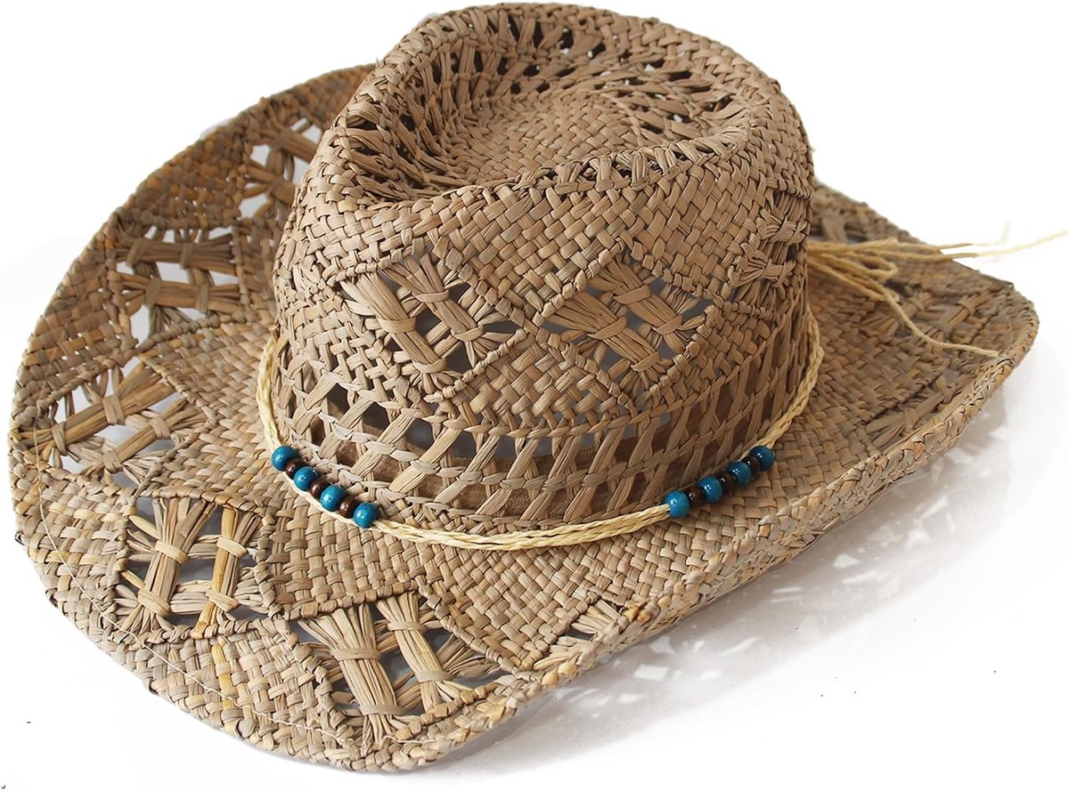 Cowboyhoed van stro, westernband, uniseks, eenheidsmaat voor dames en heren, voor de zomer (XH-100), Beige