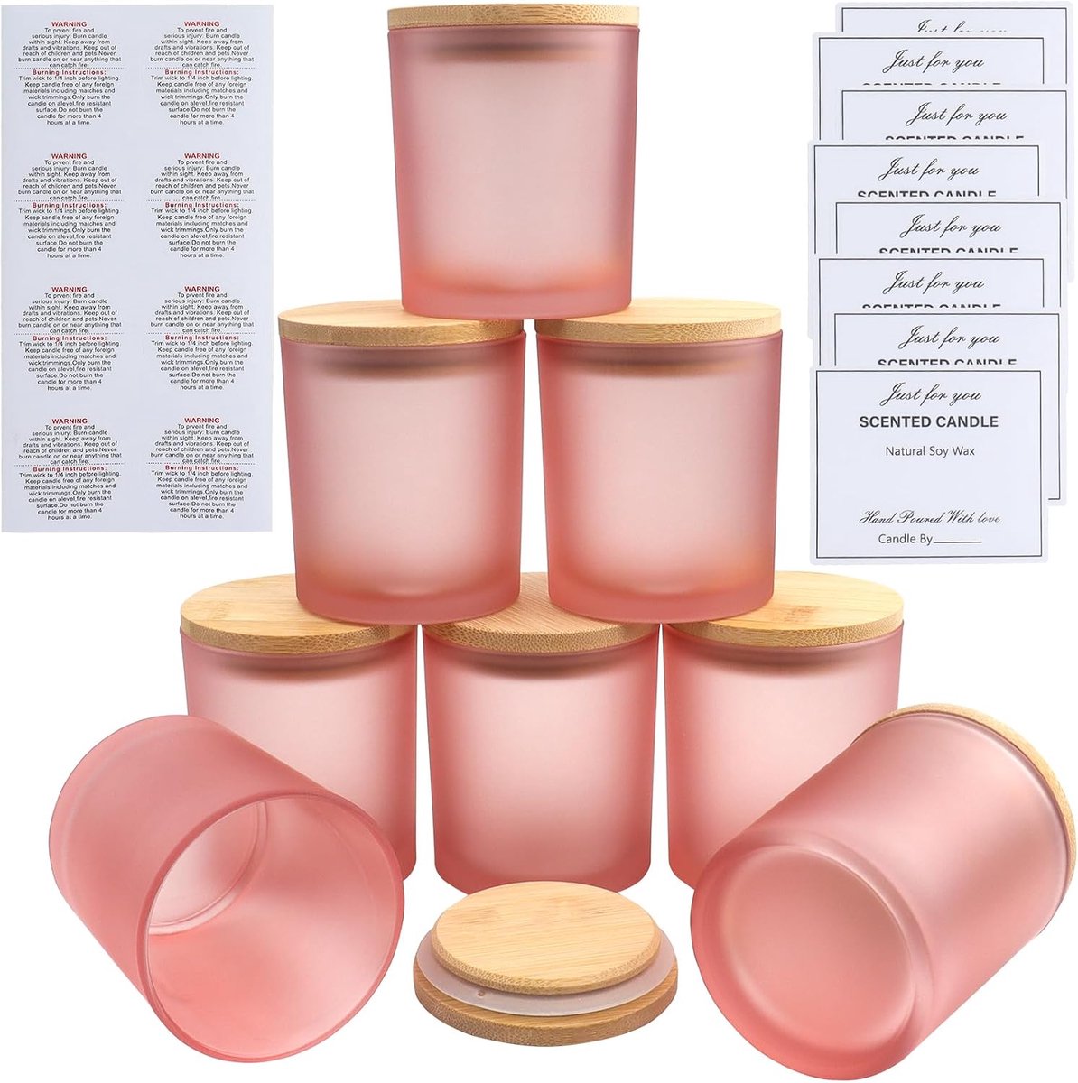 8 Pack 10oz Frosted Glazen Kaars Potten met Bamboe Deksels - Bulk Lege Potten (315ml) voor het maken van Kaarsen - Kruiden, Poeder Containers - Vaatwasmachinebestendig (Frosted Pink Candle