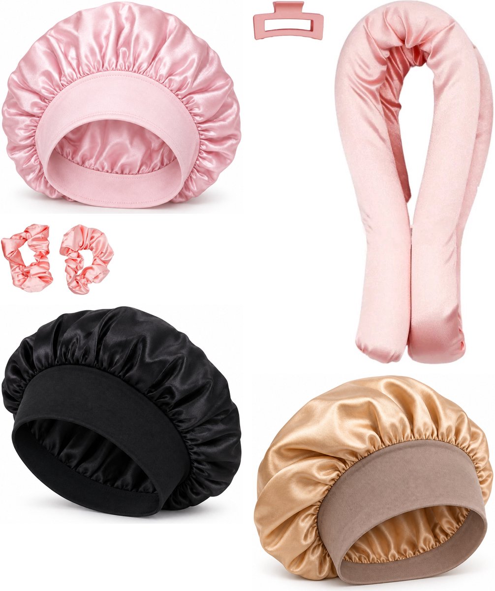 Professor Q Heatless Curls Set - Heatless Curlset met 2 Elastiekjes en Klem - Bonnet Roze - Bonnet Zwart - Bonnet Goud