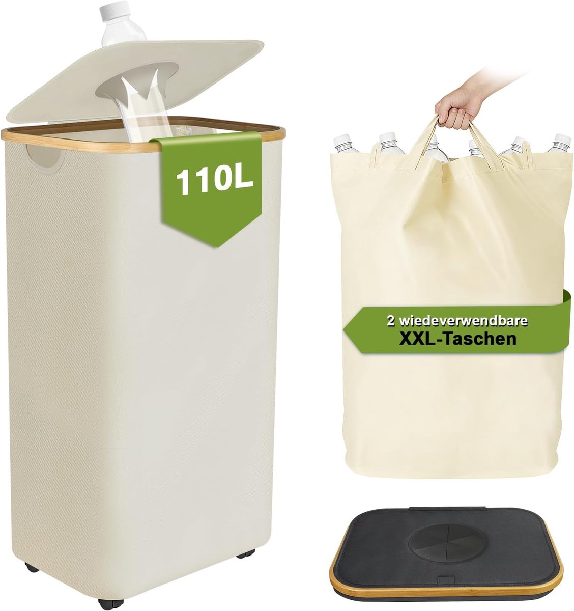 110 l, grote opslagflessen, container met 2 draagtassen en deksel, opvouwbare lege opvangbak met wielen, recyclingopvangbak voor keuken, beige