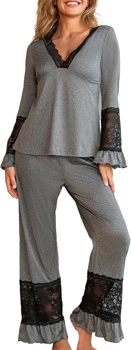 Damespyjama met lange mouwen, met kant, lange pyjamaset, ruches, T-shirt en broek, tweedelig, zacht, elegant voor herfst en lente
