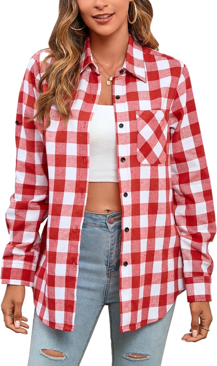 overhemd voor dames, flanel, houthakkershemd, western, casual, lange mouwen, klassiek, blouse met knopen