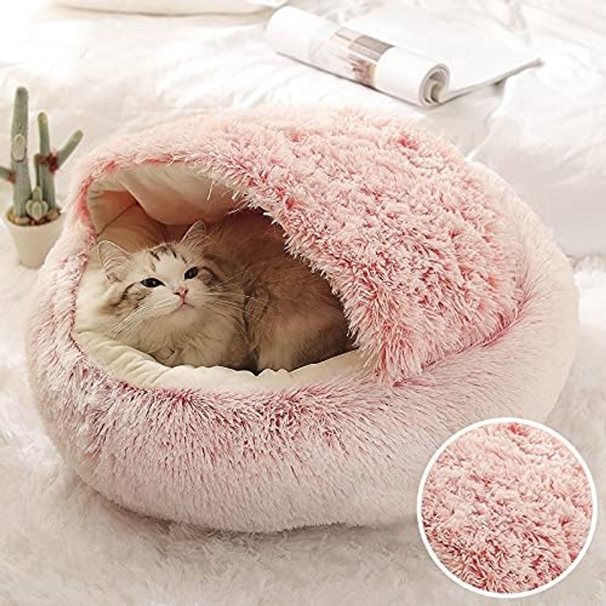 Winter lange pluche huisdier bed bed ronde kat kussen kat huis 2 in 1 warme kat mand kat slaap tas kat nest kennel for kleine hond kat Honden bed (Color : Pink, Grootte : 50x50cm)