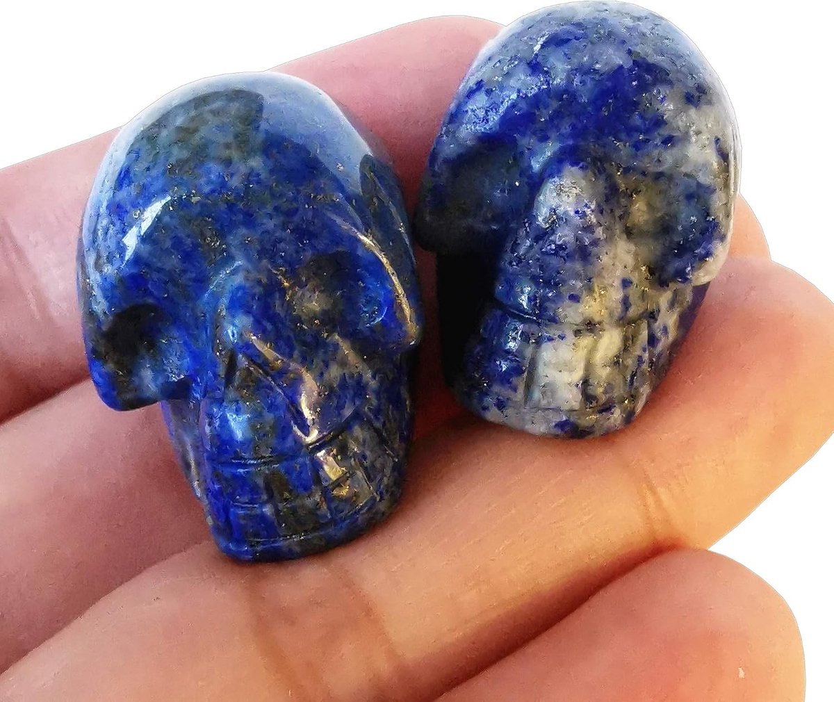 Set van 2 natuurlijke lapis lazuli mini kristal menselijke schedel figuren, 25 mm handgesneden kristallen en helende steen kamer decor edelsteen