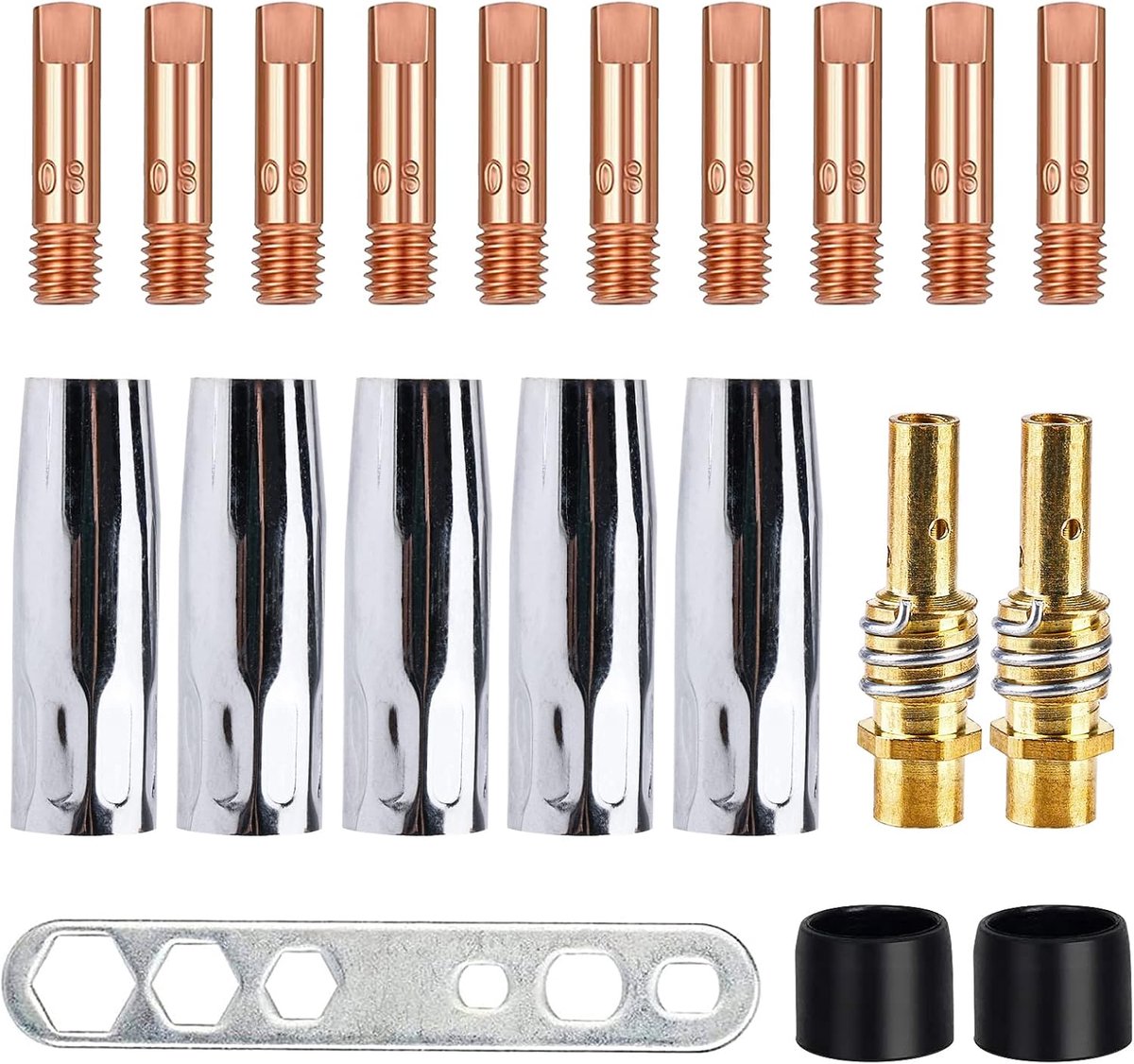 slijtageonderdelen, MIG/MAG lasaccessoireset, 20 stuks, reserveonderdelen lasapparaat, lasbranderaccessoires, gasmondstuk, mondstuk, stroommondstuk, isolator, gereedschap