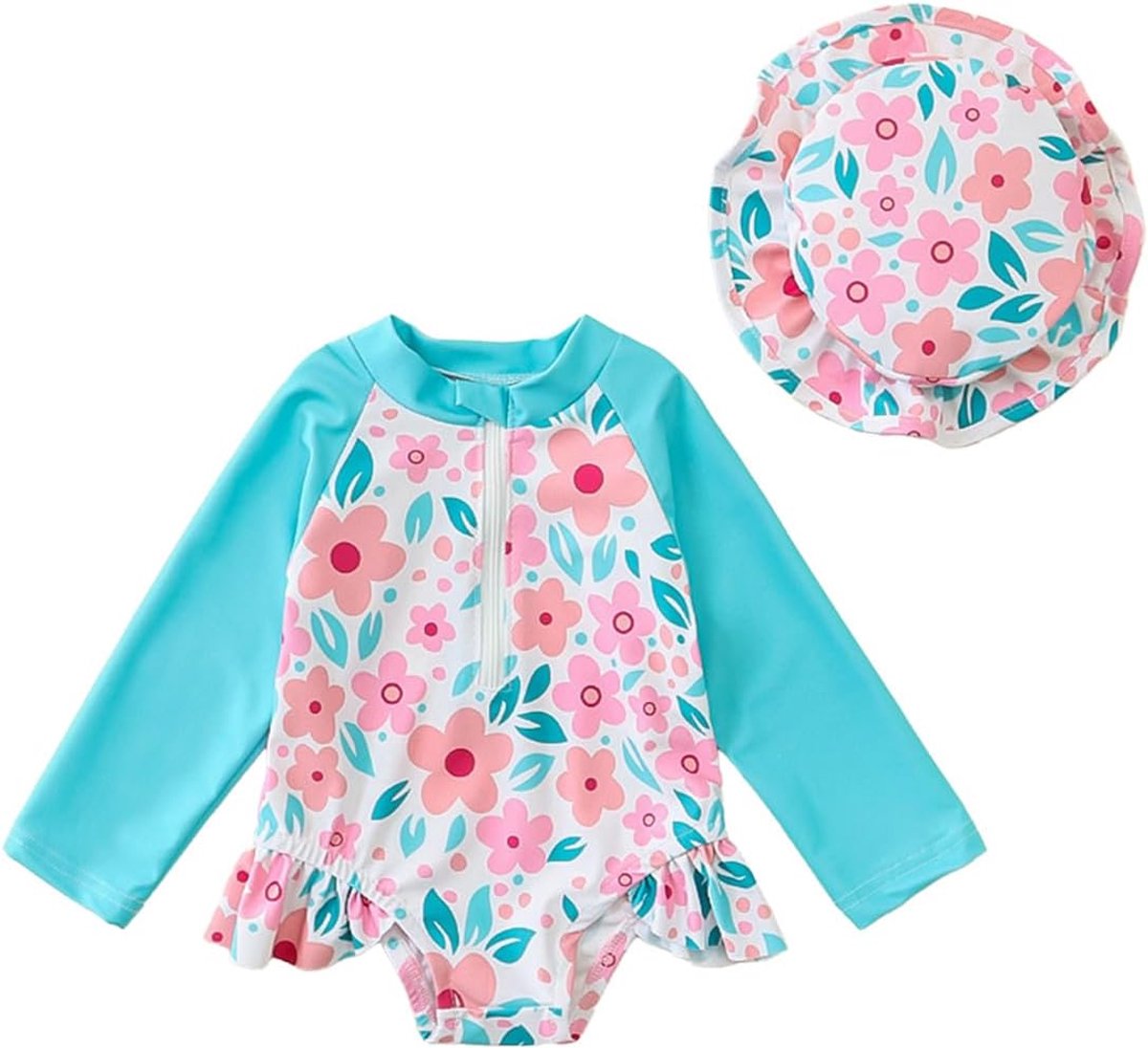 Badpak voor babymeisjes, met strepen, schattig, lange mouwen, eendelig, rashguard met zonnehoed, ritssluiting, badkleding, strandmode