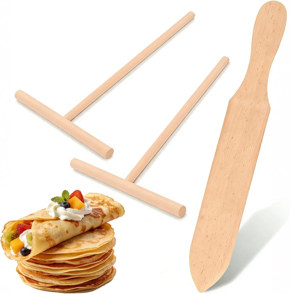 3 stuks crêpe spreider en spatel kit, 18 cm herbruikbare crêpe verdeler, natuurlijke houten t-vorm houten beslag strooiers, voor galettes en pannenkoeken, voor thuis keuken koken
