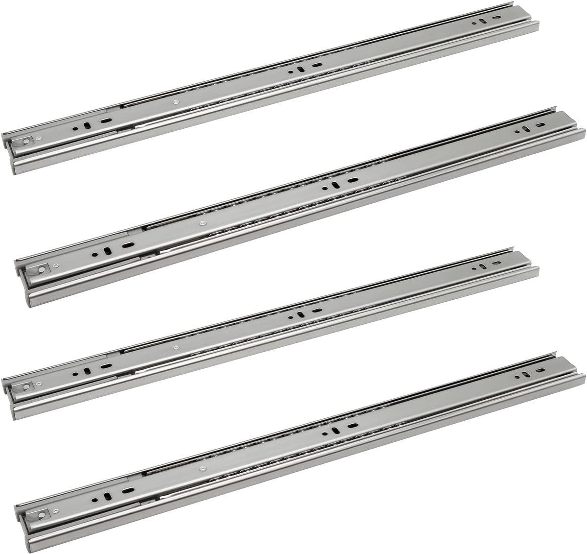 400 mm breedte 45 mm | 4-delige set (2 paar) laderails 45 kg draagkracht | schuifladen railsysteem met volledig uitschuifbare rails | lichtlopende rails lade in zilver