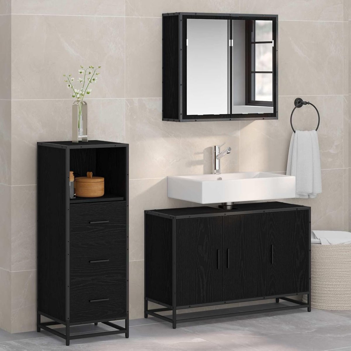 Badkamermeubelset 3 stuks zwart eiken look houtmateriaal