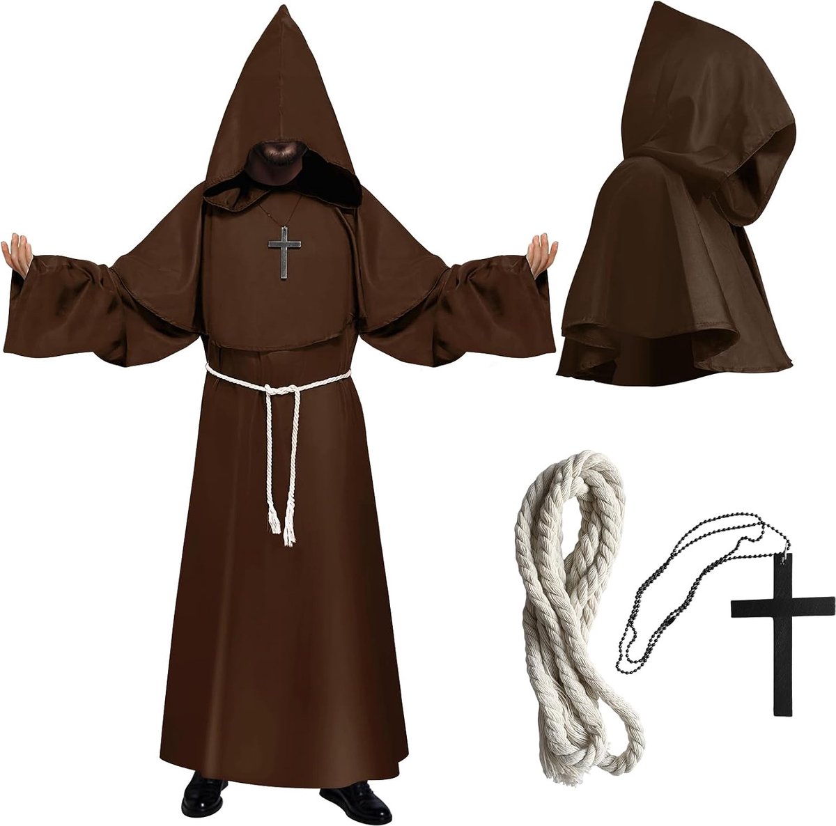 Monnikenkostuum voor heren, middeleeuwse cape met grote capuchon, kruisketting, touwriem, uniseks cosplay monnikskutte, priesterkostuum voor heren en dames