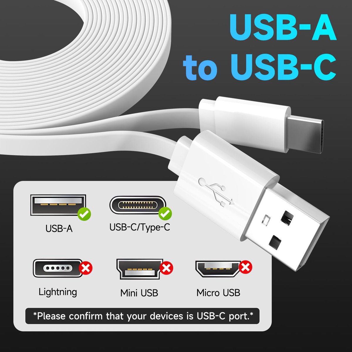 5 m vlak USB-C-kabel, USB-A naar USB-C-oplaadkabel voor Blink Mini 2/Outdoor 4, Ring Pan-Tilt Indoor Cam, Eufy Cam S3 Pro, SoloCam S340/S350/S220/C210 en meer cam-wit