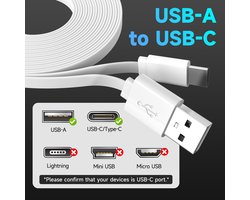 5 m vlak USB-C-kabel, USB-A naar USB-C-oplaadkabel voor Blink Mini 2/Outdoor 4, Ring Pan-Tilt Indoor Cam, Eufy Cam S3 Pro, SoloCam S340/S350/S220/C210 en meer cam-wit