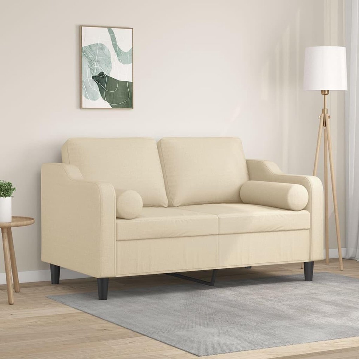 2-zitsbank met sierkussen in crème, 120 cm breed, stoffen stoel voor woonkamer, duurzame overtrek, ademend, duurzaam metalen frame, robuust afneembaar