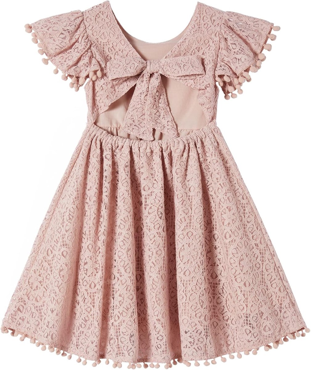 Feestjurk voor meisjes, binding naar achteren voor kleine kinderen, kant, rugvrije strik, pompons, fladdermouwen, prinsessenjurk