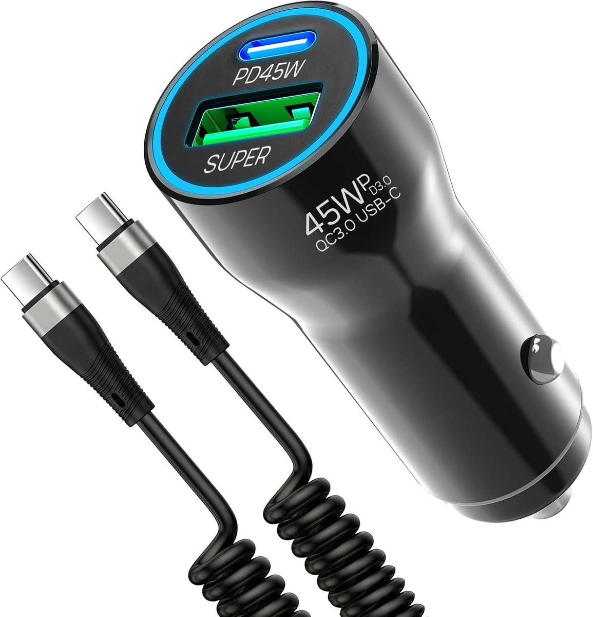 75 W sigarettenaansteker USB C met 2 m spiraal type C oplaadkabel autolader