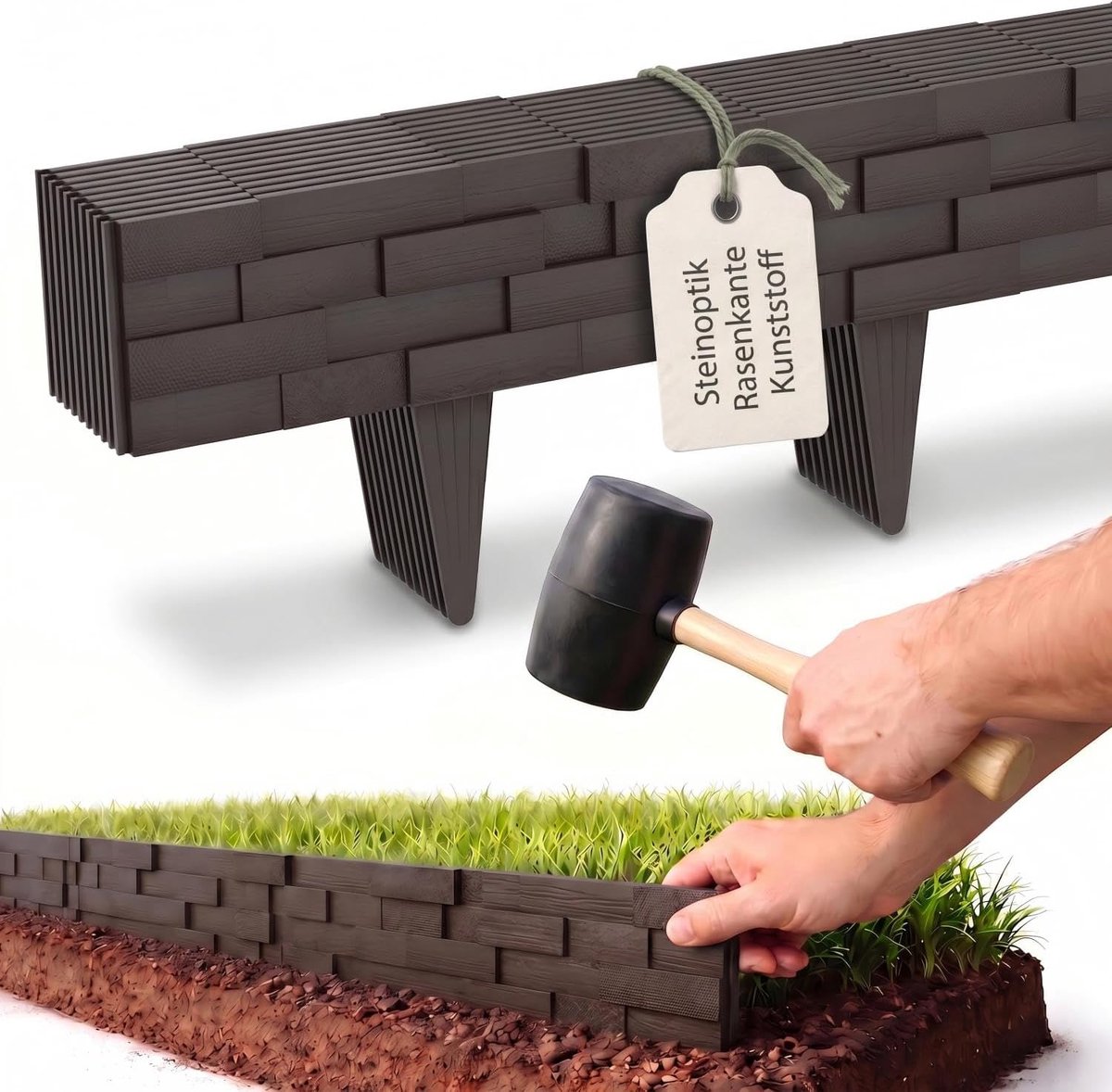 Tuinpalissade, steenlook, 10 m, robuuste kunststof bloembedomranding, praktische gazonbegrenzing, flexibele omheining voor buiten, tuin, bruin, 10 stuks