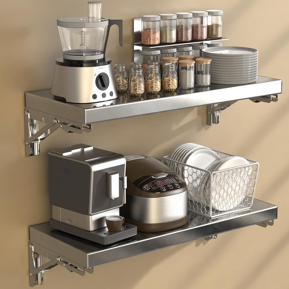 Set van 2 inklapbare wandtafels, 50 x 25 cm, van roestvrij staal, wandtafel, inklapbaar met ijzeren houder, klaptafel voor wandmontage, draagkracht tot 40 kg, voor eetkamer, keuken, wasruimte