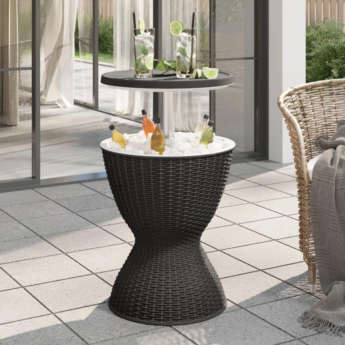Terrastafel, balkontafel, 3-in-1 ijstafel met ijskoeling, polypropyleen, zwart, voor tuin, terras, balkon