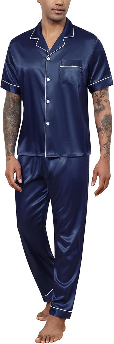 Pyjama heren lange satijnen pyjama set tweedelige lange mouwen mouwen knoopsluiting huispak en pyjamabroek zijden pyjama nachtkleding mannen huispak sleepwear loungewear