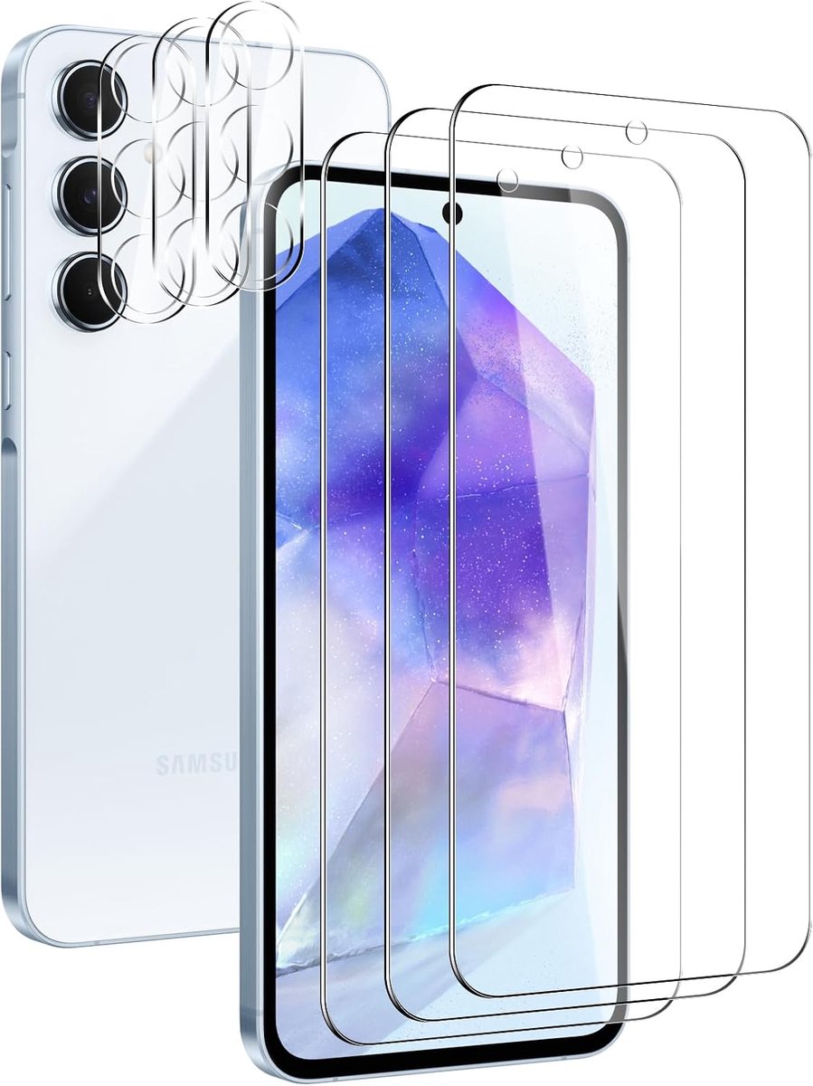 3 Stuks Transparante Gehard Glas Scherm Beschermer + 3 Stuks Lens Beschermer voor Samsung Galaxy A55 5G, 9H Hardheid, HD Duidelijk, Anti-Vingerafdruk, Anti-Kras, Precies Passend