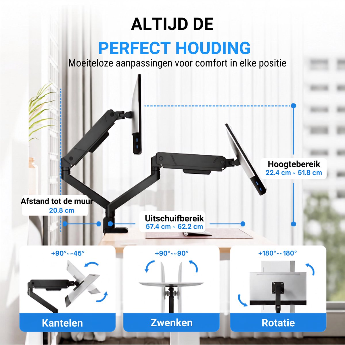 LEVANTU® Monitor Arm 2 schermen - 17 tot 35 inch- 16kg - dubbel Monitorbeugel - Monitorarm gasveer - Zwart thumbnail 4