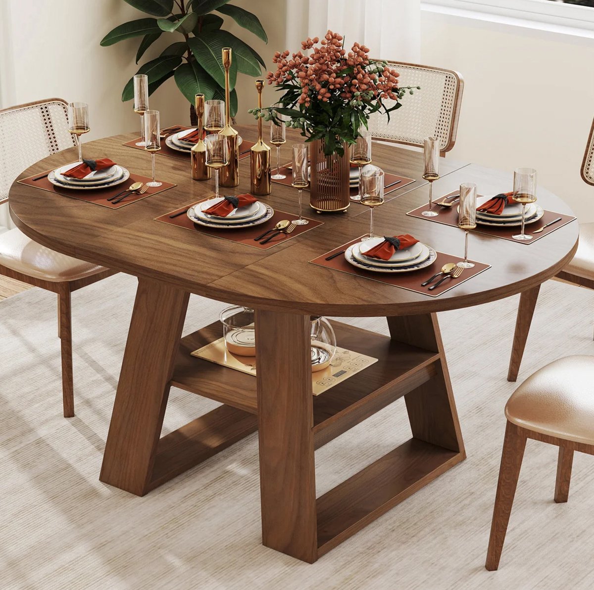 FloraGrace Uitschuifbare Eettafel - Opbergruimte En Onderplank - Voor 4 Tot 6 Personen - MDF - 110 Tot 150 x 110 cm - Walnootkleur