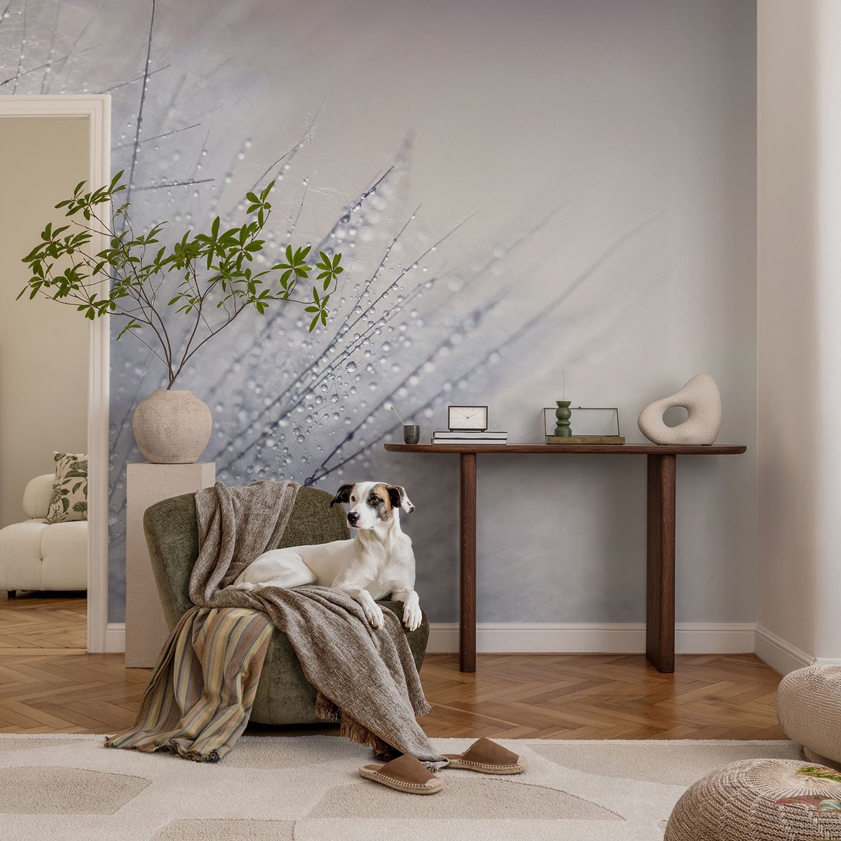 Coloray Vliesbehang - Wit Snellijm Behang - 104x70 cm - Dauwige Paardenbloem Muurschildering - Gang behang Bloemen En Planten - Fotobehang Vlies - Slaapkamer behang