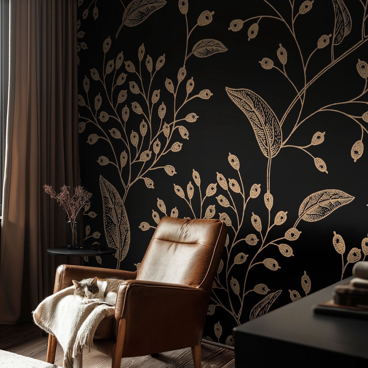 Coloray Vliesbehang - Zwart Snellijm Behang - 104x70 cm - Botanische Elegantie Fotobehang Vlies - Woonkamer behang Bloemen En Planten - Muurschildering - Hal behang