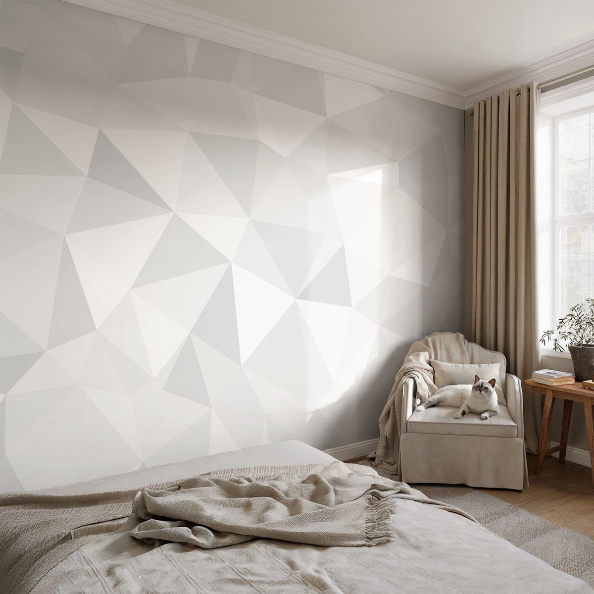 Coloray Vliesbehang - Wit Snellijm Behang - 104x70 cm - Driehoekig Mozaïek Muurschildering - Gang behang Geometrie - Fotobehang Vlies - Slaapkamer behang