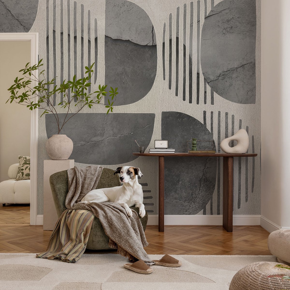 Coloray Vliesbehang - Grijs Snellijm Behang - 104x70 cm - Geometrische Vormen Muurschildering - Slaapkamer behang Abstractie - Fotobehang Vlies - Slaapkamer behang