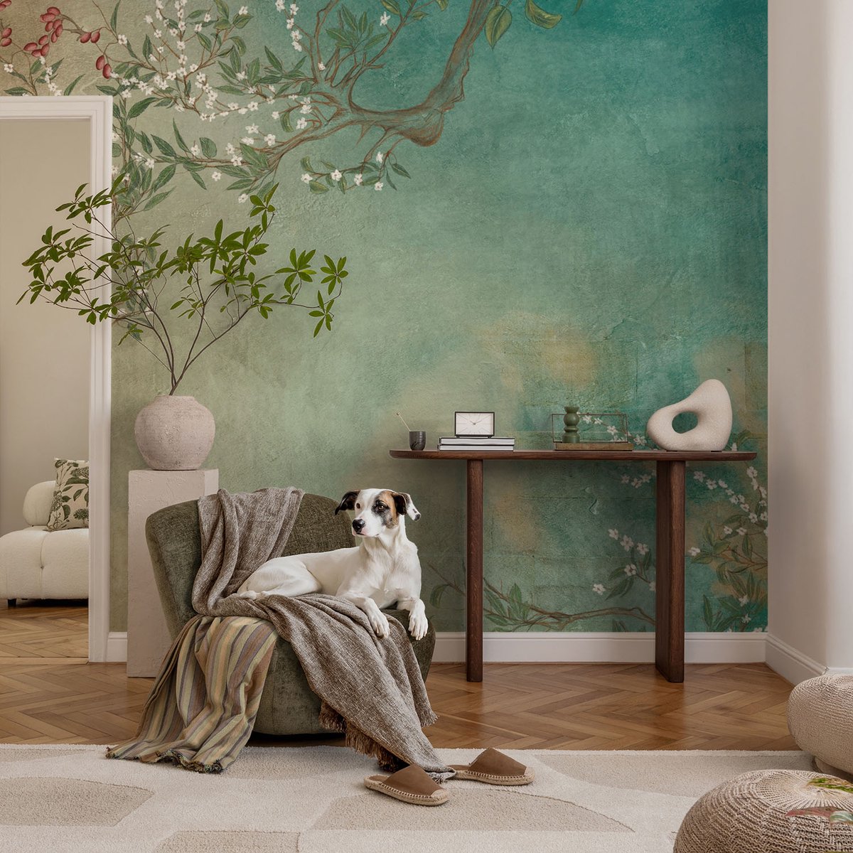 Coloray Vliesbehang - Beige Snellijm Behang - 104x70 cm - Bloemenharmonie Muurschildering - Slaapkamer behang Bloemen En Planten - Fotobehang Vlies - Slaapkamer behang