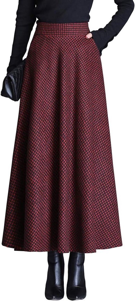 Geruite maxi-damesrok voor de winter, met elegante hoge taille, warme wollen lange elastische getailleerde plooirok, S-3XL