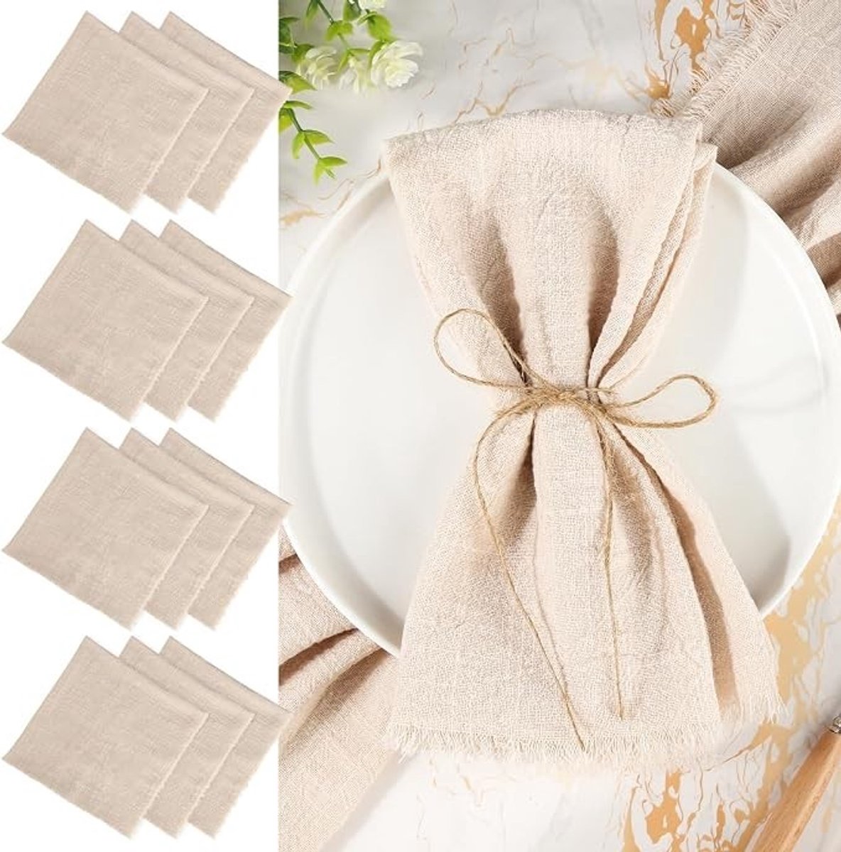 Livatto Set van 12 stoffen servetten met franjes, 45x45 cm, beige, katoen, inclusief 10 m koord