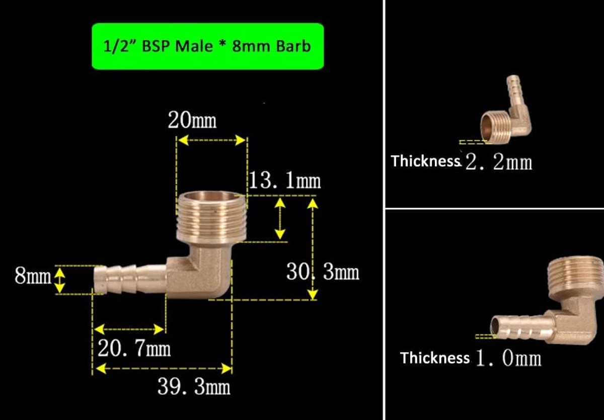 90 Graden Messing Elleboog Fitting, 1/2" BSP NPT Mannelijk Draad, Slangadapter voor 8mm Slang, Perfect voor Tuin en Waterleidingen