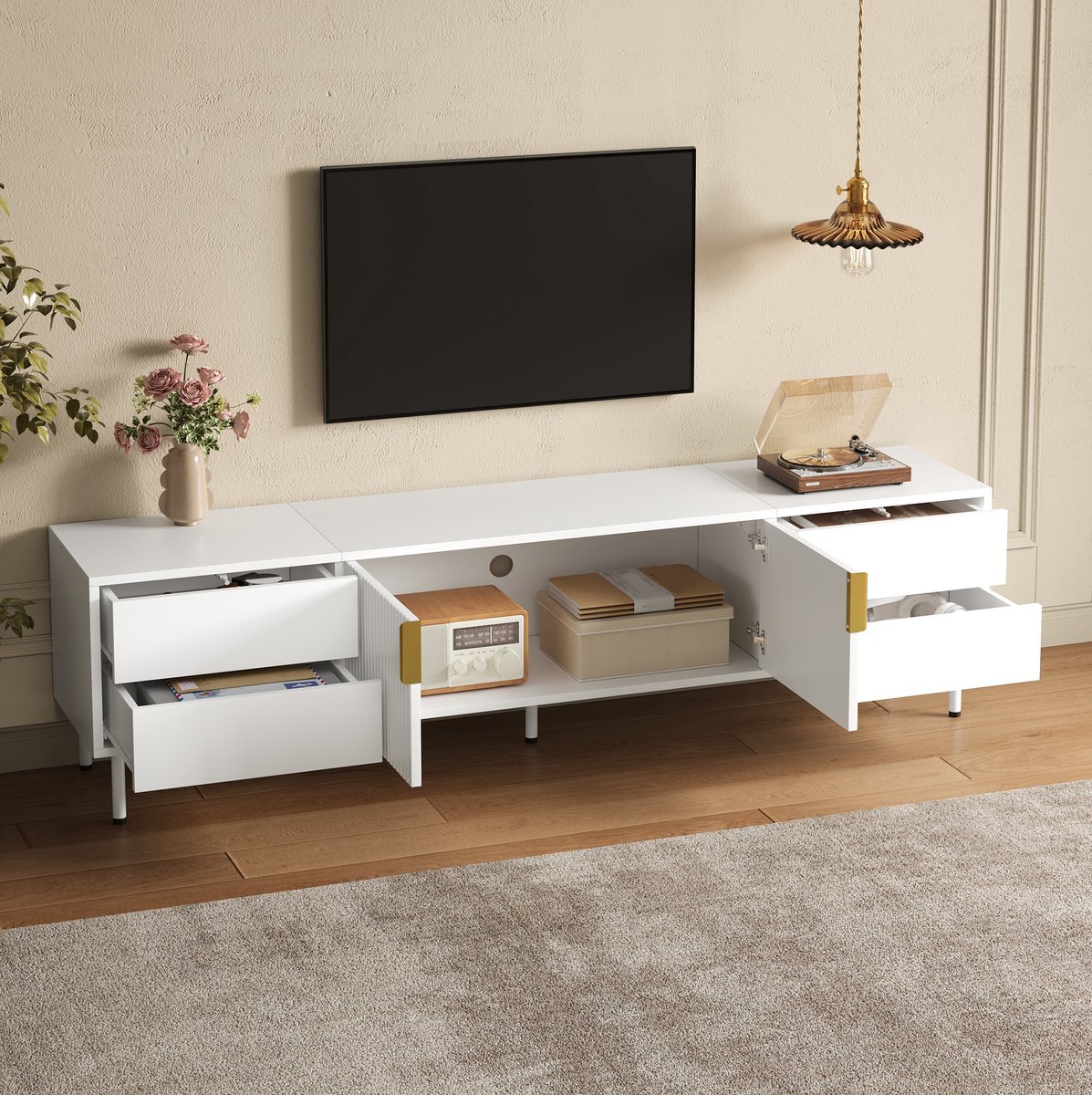 FloraGrace TV-Meubel - Vier Greeploze Lades En Dubbele Deuren - Voor Moderne Woonkamer - MDF En Spaanplaat - 180x40x49,5 Cm - Wit