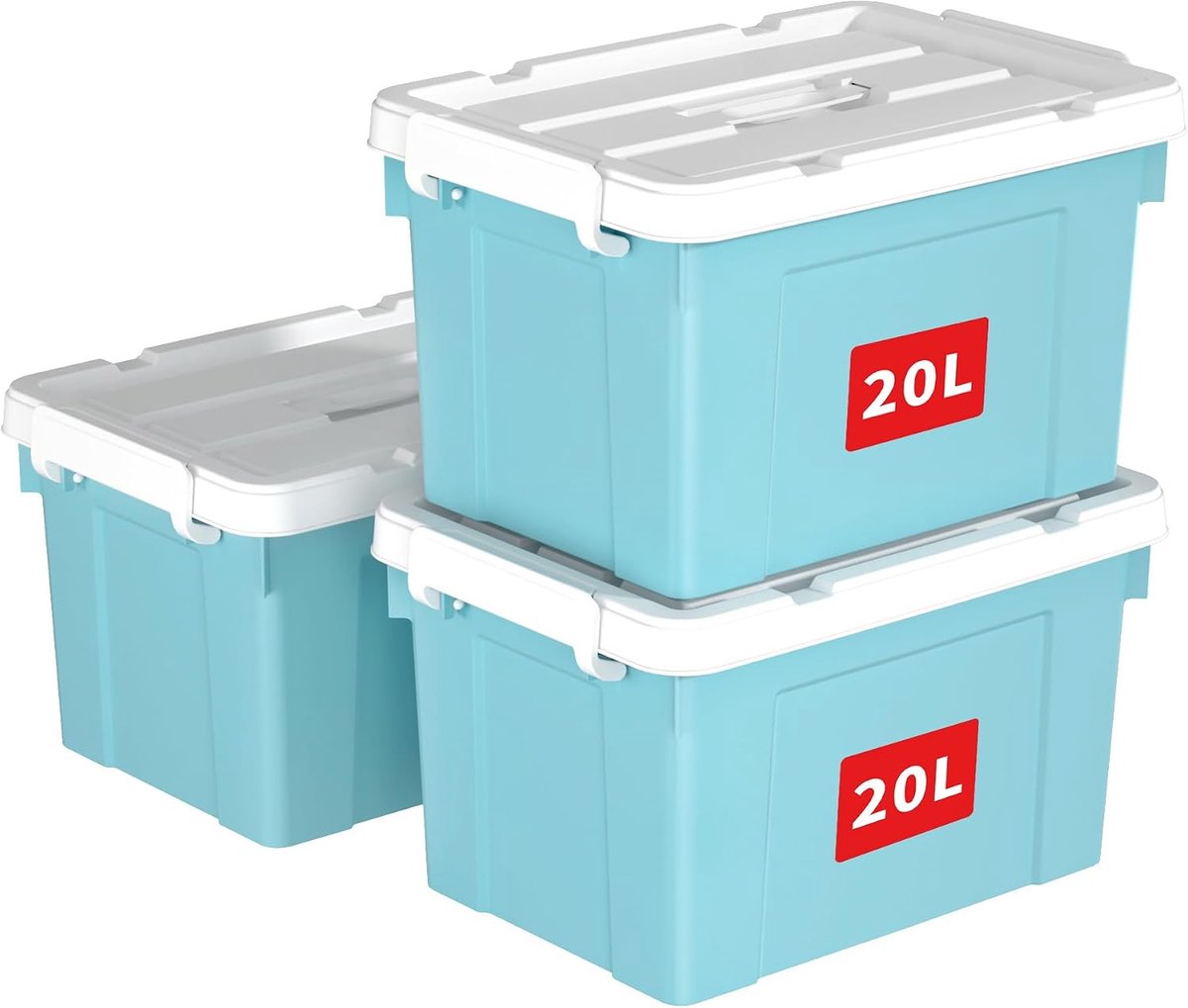 20L x 3 opbergdozen, draag plastic opbergdoos met deksels, organiserende container met handvat en veilige vergrendelende gespen, stapelbaar, nestbaar, draagtas voor thuiskantoor kleding,