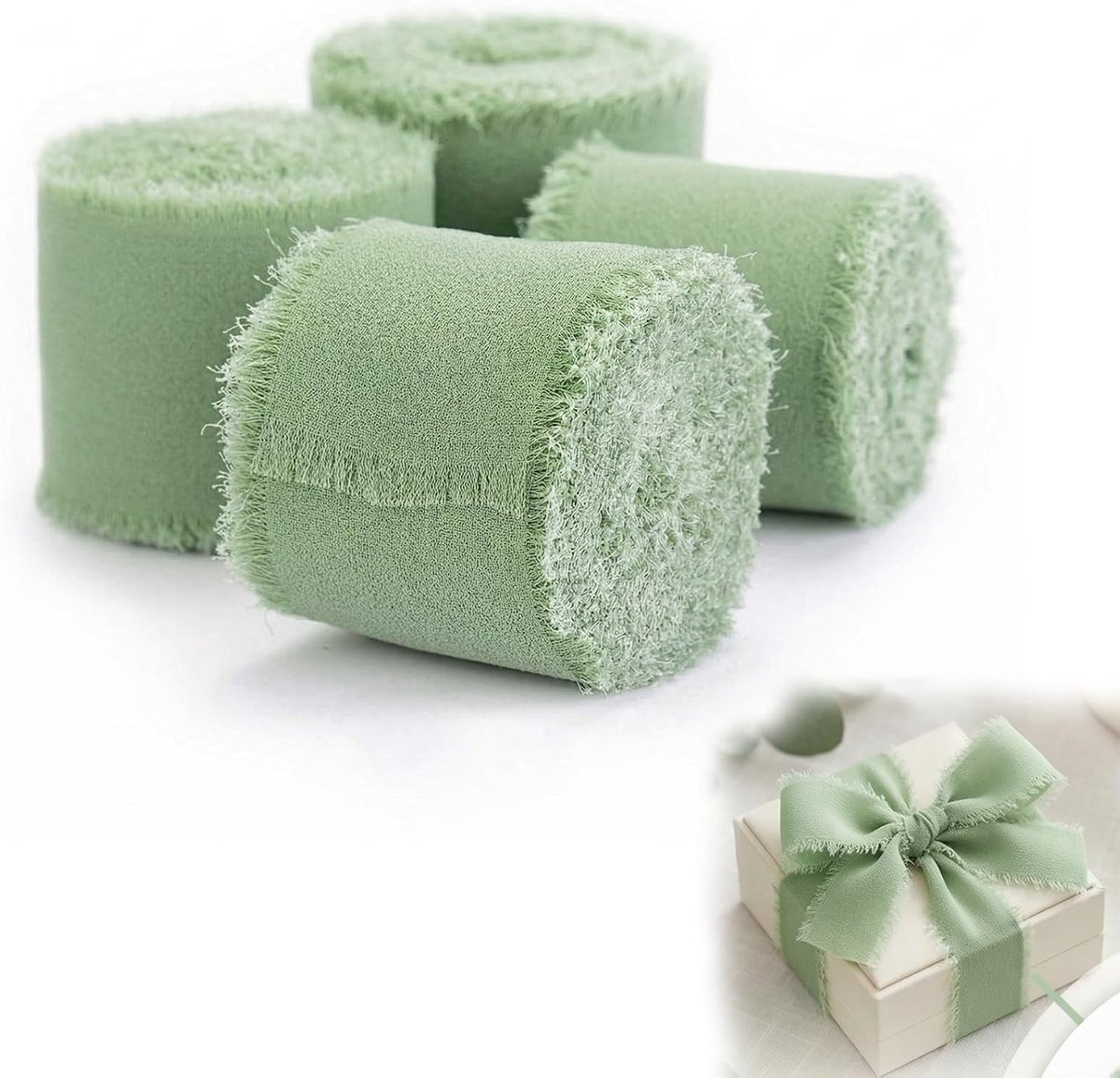 Lint, 4 rollen, 20 m saliegroen lint met rafelrand, zacht chiffon, licht en ademend, voor bruiloft, verjaardag, feest en doe-het-zelfprojecten, ideaal voor verpakking