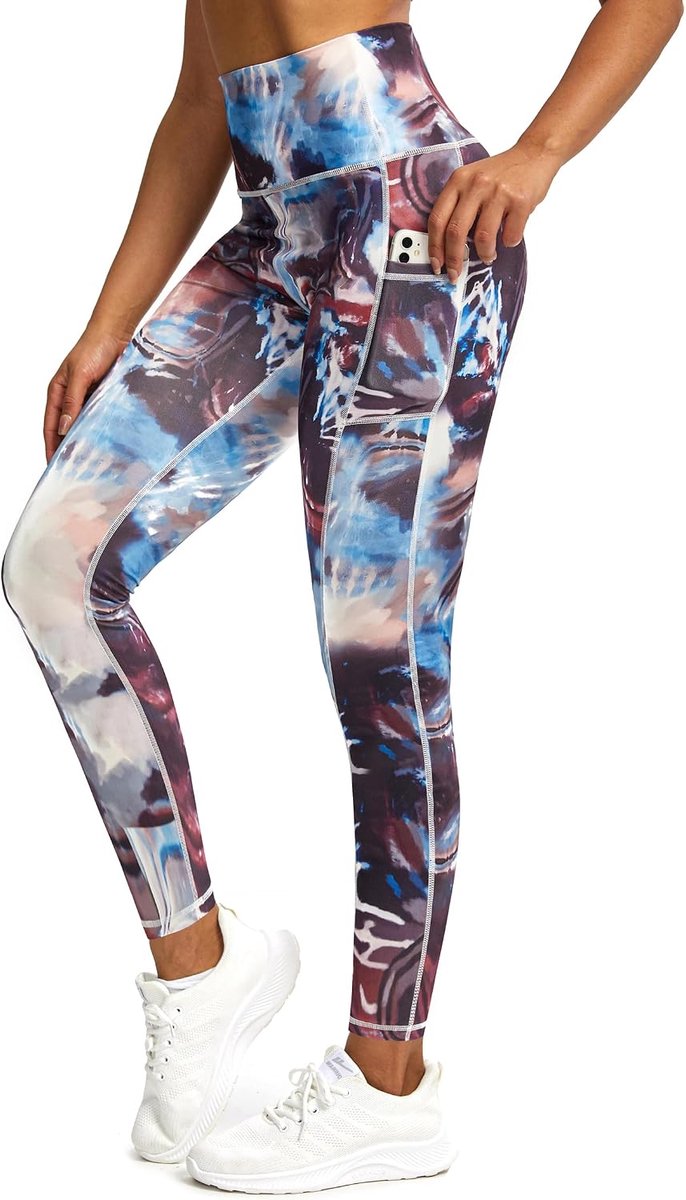 Sportlegging voor dames, lang, ondoorzichtig, bedrukt, fitnessbroek, hardloopbroek met zakken