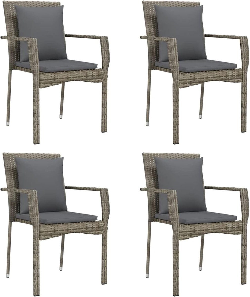 4 stuks tuinstoelen met kussen, rotan stoel, eetstoel, rotan stoelen, tuinmeubelen, stoel, tuin, rotan meubels, rotan meubels, grijs