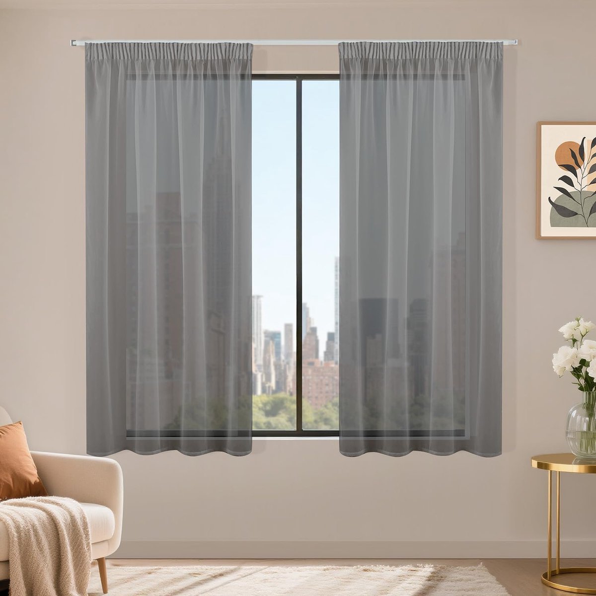 Gordijnen met plooiband, set van 2, voile schuifgordijnen, 145 x 140 cm (h x b), transparante gordijnen, gordijn donkergrijs, gordijnen voor woonkamer slaapkamer