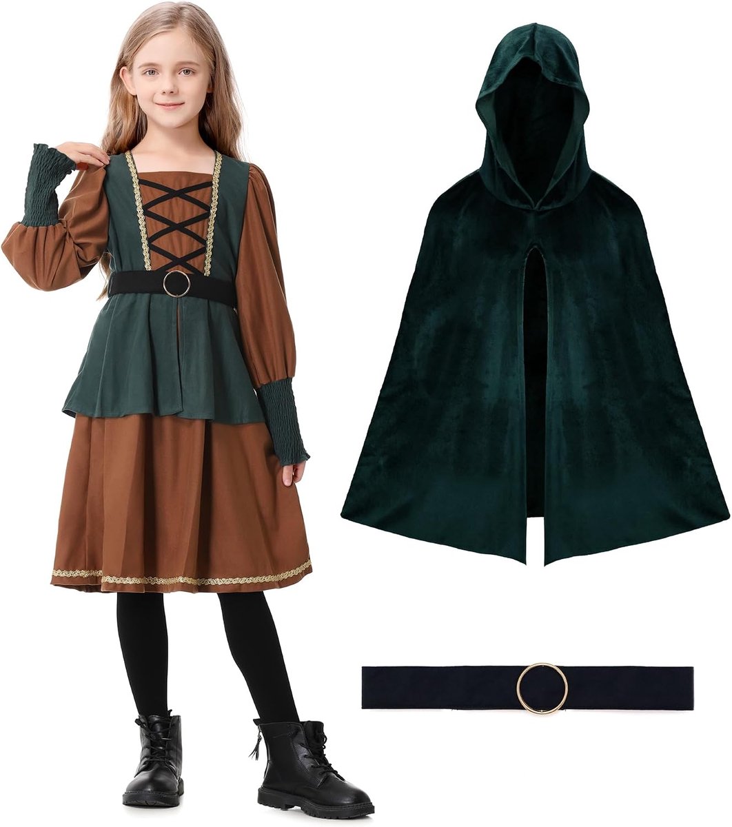Middeleeuwse kleding voor meisjes, Viking-jurk, carnavalskostuums voor kinderen, kasteelvrouw, kinderkostuum, tieners, prinsessenjurk voor Halloween, carnaval, 3 stuks