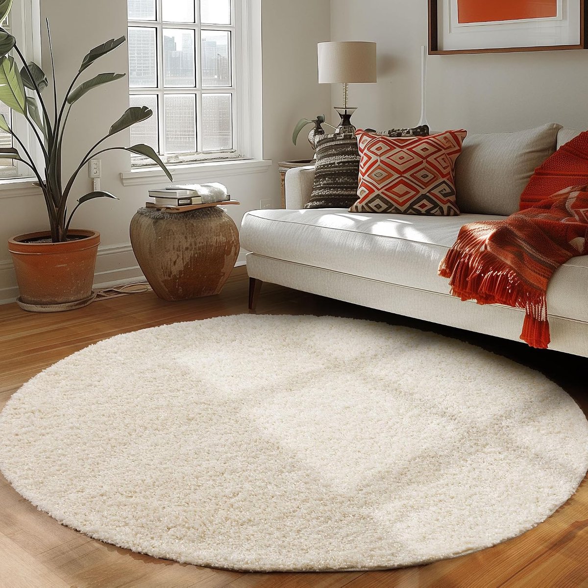 Tapijt voor de woonkamer met een effen design, langharig, modern en pluizig, Kleur: Creme, Maat: 80 cm Rotondo