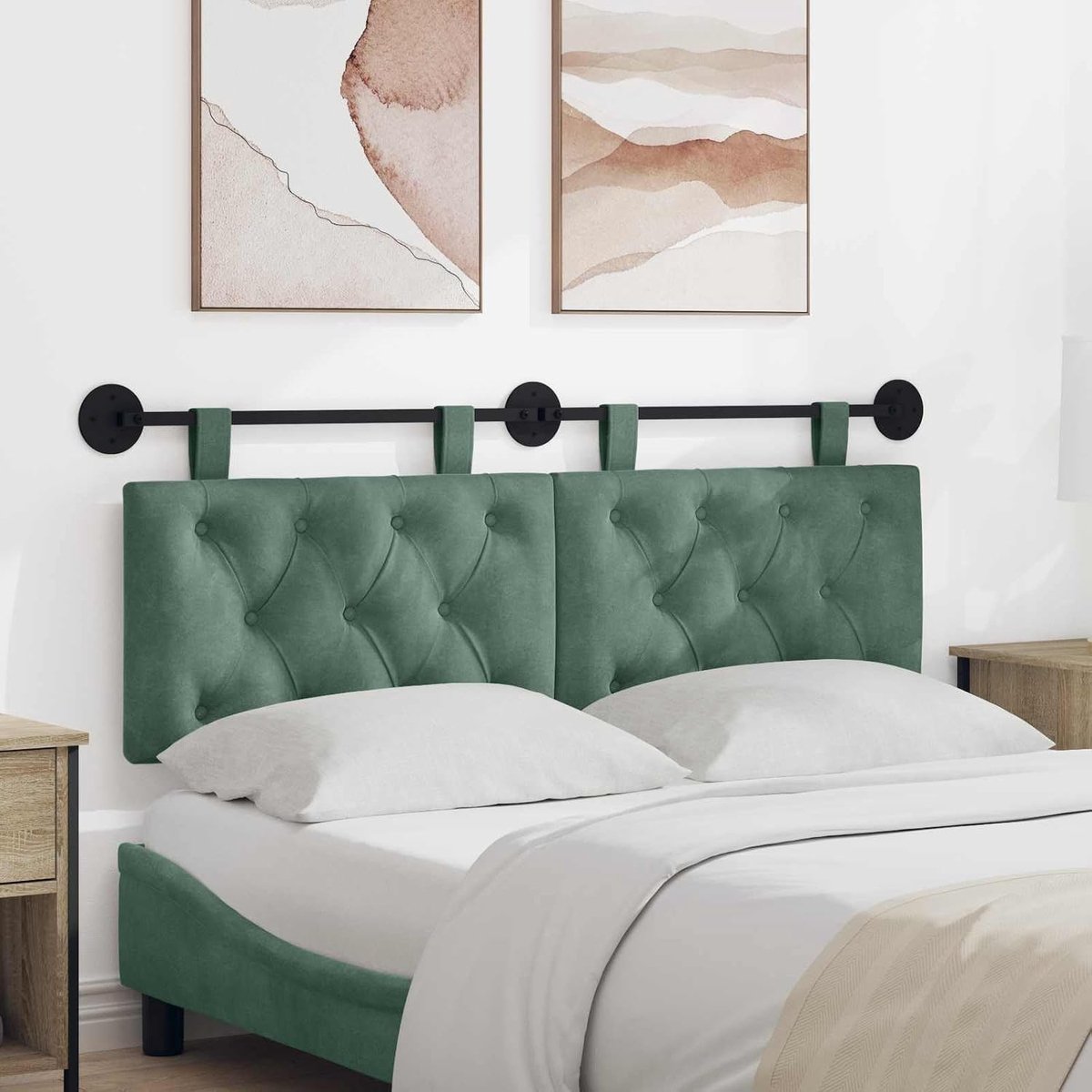 Hangend hoofdeinde met LED-lamp in zeegroen, velours met knopen voor slaapkamer, eetkamer en hal, van technisch hout en schuim.