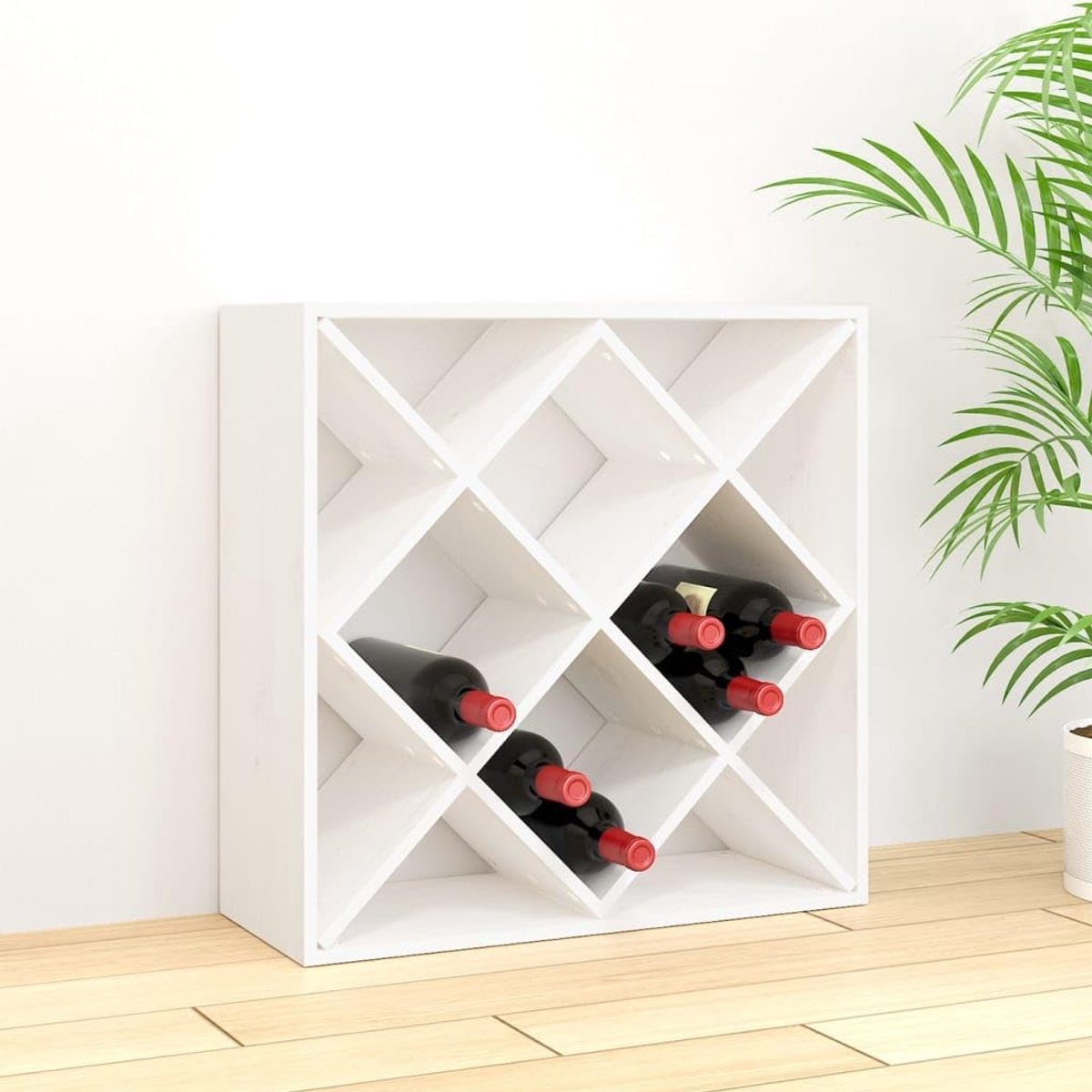 Wijnrek wit, 62 x 25 x 62 cm, van massief grenenhout, wijnhouder voor 12 flessen, stabiele flessenstandaard voor wandmontage, voor keuken en woonkamer