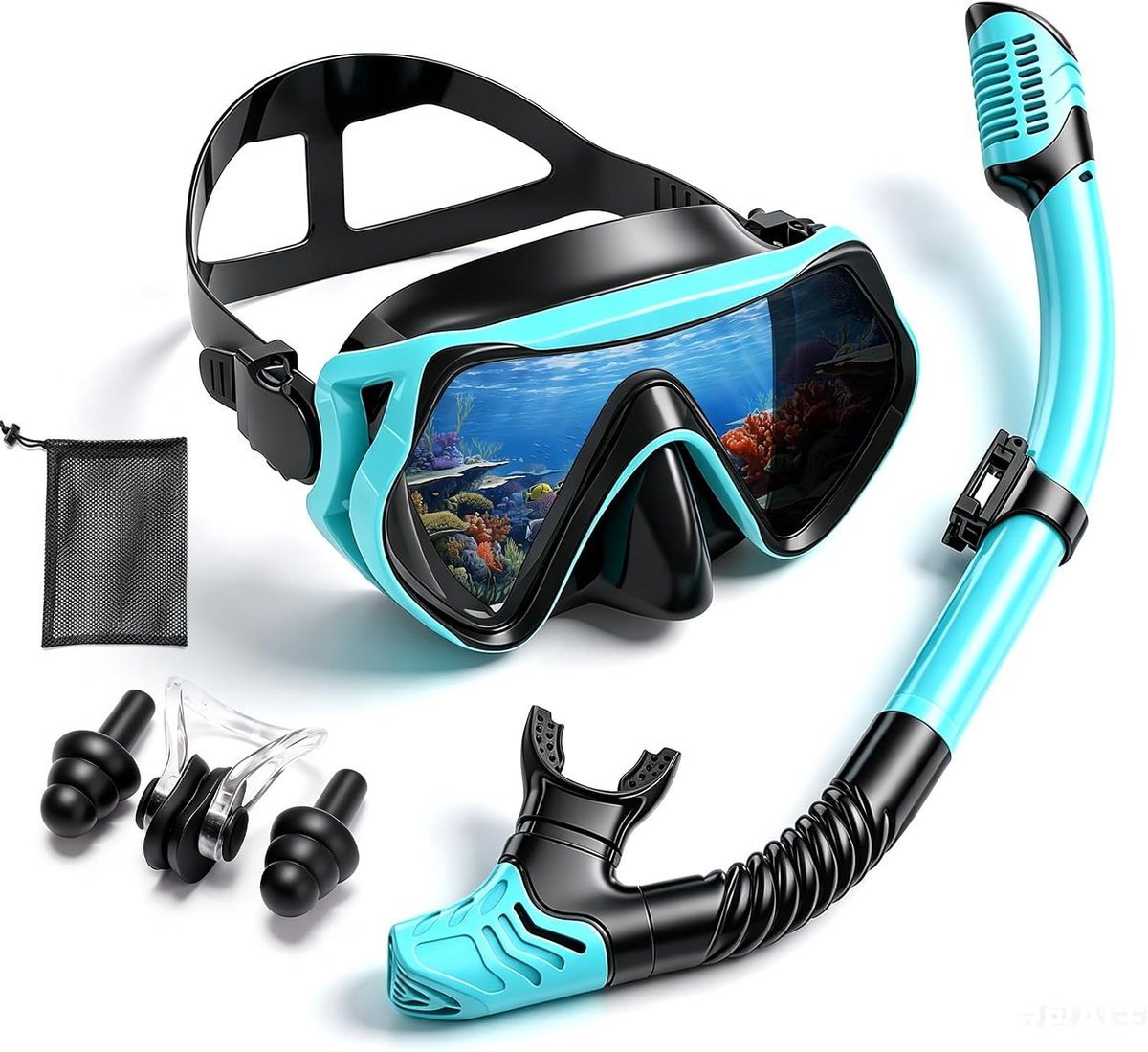 Snorkelset Volwassenen Maskeer & Droge Snorkel, Anti-Condens Gehard Glas Duikbril, Lekvrij, 180° Panoramisch Zicht, Snorkelen en Duiken voor Mannen en Vrouwen