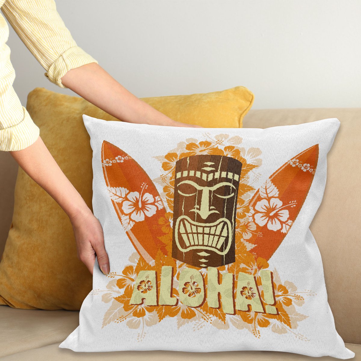 ABAKUHAUS Aloha Kussenhoes, Hibiscus Flora, Decoratieve Kussenhoes met Dubbelzijdige Print, Ritssluiting, Wasbaar, 40 x 40 cm, Oranje Bruin Hellgelbe